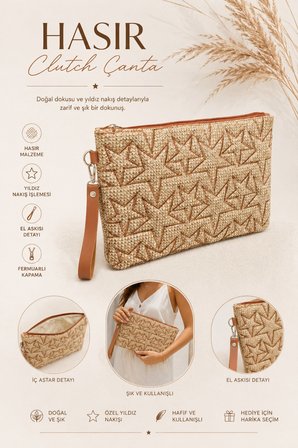 Hasır Yıldız Nakış İşlemeli Portföy El Çantası Bilek Askılı Hasır Clutch Çanta