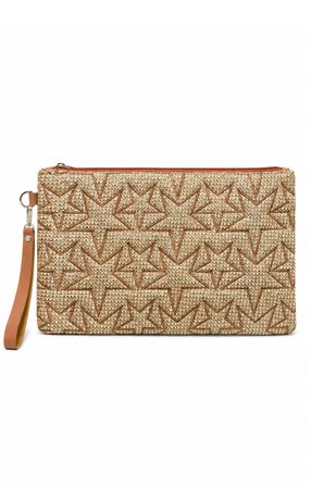 Hasır Yıldız Nakış İşlemeli Portföy El Çantası Bilek Askılı Hasır Clutch Çanta