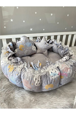 Gri Karışık Bulut Desenli Tasarım Açılır - Kapanır Babynest Oyun Minderi Bebek Yuvası
