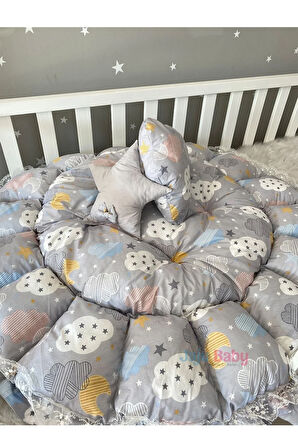 Gri Karışık Bulut Desenli Tasarım Açılır - Kapanır Babynest Oyun Minderi Bebek Yuvası