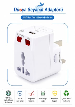Universal Dünya Priz Dönüştürücü Seyahat Adaptörü USB Şarj Girişli 150+ Ülke Uyumlu Çok Fonksiyonlu Adaptör