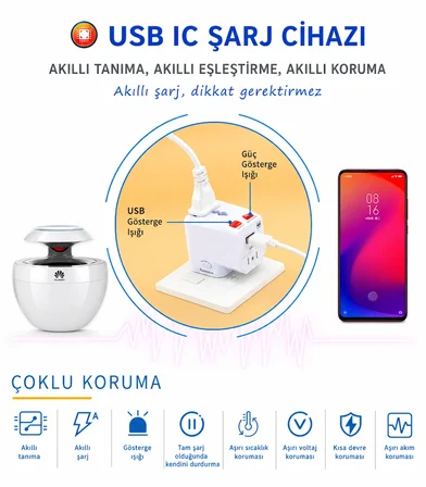 Universal Dünya Priz Dönüştürücü Seyahat Adaptörü USB Şarj Girişli 150+ Ülke Uyumlu Çok Fonksiyonlu Adaptör