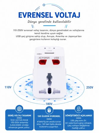 Universal Dünya Priz Dönüştürücü Seyahat Adaptörü USB Şarj Girişli 150+ Ülke Uyumlu Çok Fonksiyonlu Adaptör