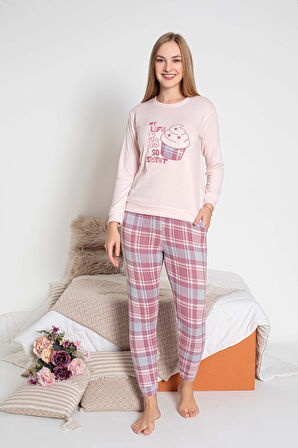 Kadın Bisiklet Yaka Düğmesiz Kışlık Termal Bilek Manşetli Jogger Uzun Kol Cepli Pijama Takımı