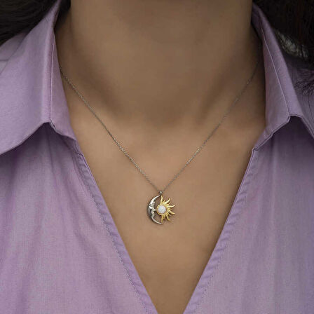 925 Ayar Gümüş Opal Beyaz Taşlı Ay Güneş Kadın Kolye