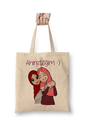 Ahiretliğim Yazılı Arkadaşa Hediye Beyaz Bez Çanta Uzun Saplı Alışveriş Çantası Plaj Çantası