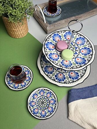 Jamuor Roys Fulya Porselen Katlı Kurabiyelik ve 6 lı Çay Tabağı 12cm