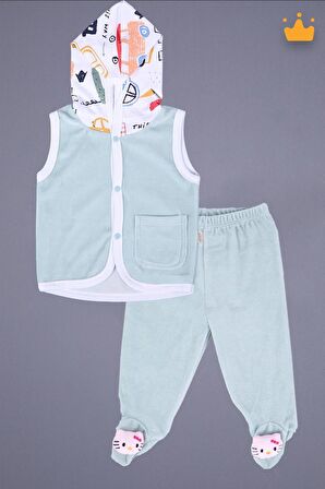 Babyhola Kadife Yelek Patikli Pantolon Unisex Bebek 2'li Set Yeşil