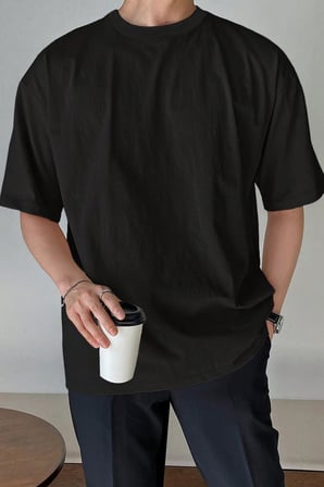 Erkek Oversize Tişört Pamuk Kumaş Bisiklet Yaka Rahat Kalıp T-shirt