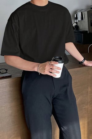 Erkek Oversize Tişört Pamuk Kumaş Bisiklet Yaka Rahat Kalıp T-shirt