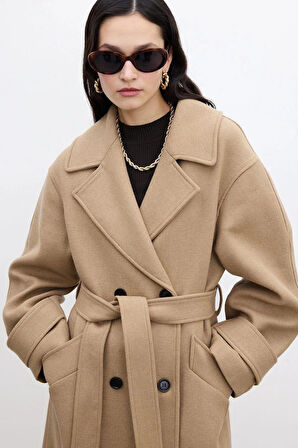 Kemerli Oversize Premium Kadın Kaşe Kaban