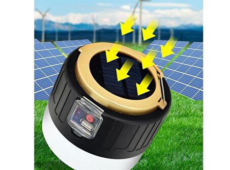 G-300W Kamp Lambası Solar Güneş Enerjili Ampül 26 SMD Led Şarjlı El Feneri Powerbank 5 Mod