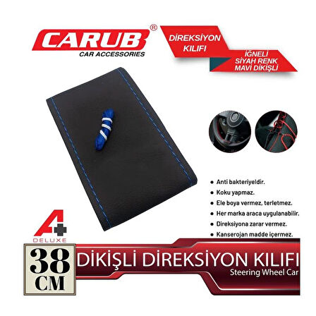 Direksiyon Kılııfı İğneli 38cm Delüx Siyah Mavi Dikişli