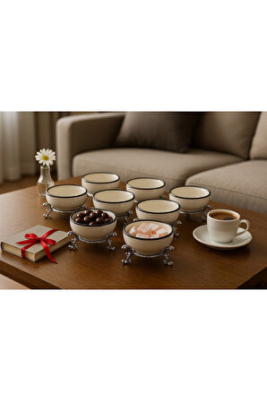 Metal Ayaklı Porselen Lokumluk,Şekerlik,Kahveyanı,Draje,Şeker,Sunum Kahve Lokumluk