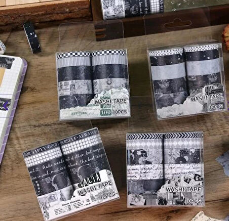 Vintage Washi Tape Bant Siyah Beyaz Yapışkanlı Maskeleme Kağıdı Desenli bant 10 lu - Tablo Yazı Galaksi