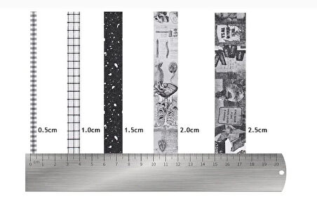 Vintage Washi Tape Bant Siyah Beyaz Yapışkanlı Maskeleme Kağıdı Desenli bant 10 lu - Tablo Yazı Galaksi