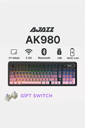AK980 3 Modlu Hot-Swap TFT Ekranlı Mekanik Oyun Klavyesi-800 Mah Batarya Dinamik RGB