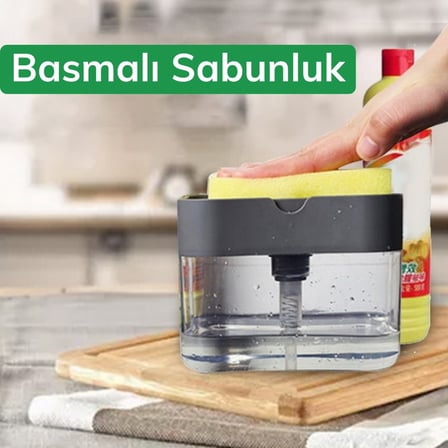 İkisi Bir Arada Basmalı Pratik Sıvı Sabunluk Pompası ve Bulaşık Yıkama Süngeri Haznesi (5224)