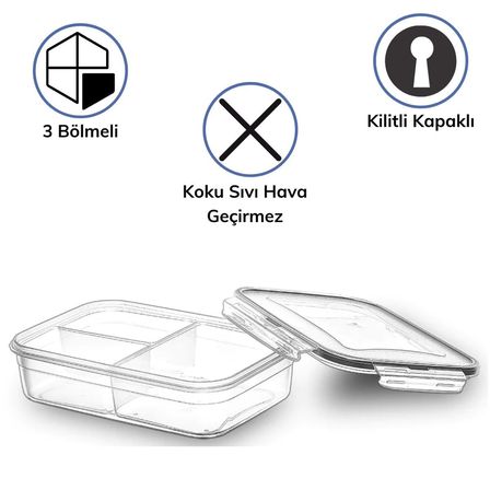 3 Bölmeli Kilitli Kapaklı 1 Litre Erzak Saklama Kabı LC-510 (5224)
