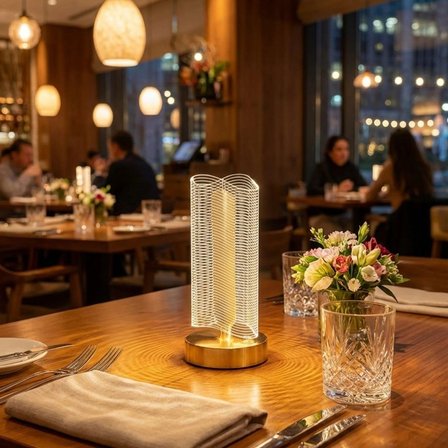 Dalgalı Silindirik Kristal Çizgili Model LED Masa Lambası – Gold Tabanlı, Dokunmatik, 3 Renk Işık Modlu, Şarjlı Modern Dekoratif Gece Lambası (5224)