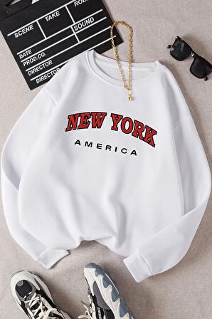 Beyaz Oversize Kalıp New York Tasarımlı Unisex Bisikletyaka Sweatshirt