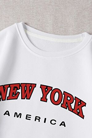 Beyaz Oversize Kalıp New York Tasarımlı Unisex Bisikletyaka Sweatshirt