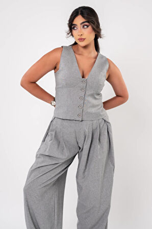 Düğmeli Pile Detaylı Palazzo Pantolon Yelek Takım TKM16009