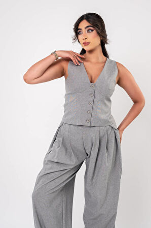 Düğmeli Pile Detaylı Palazzo Pantolon Yelek Takım TKM16009