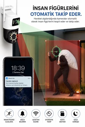 Su Geçirmez Dış Mekan Kamerası Çift Lensli Akıllı WiFi Güvenlik Kamerası 360° PTZ Dönüşlü Gece Görüşlü IP66 
