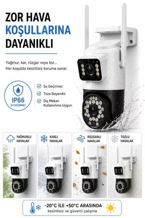 Su Geçirmez Dış Mekan Kamerası Çift Lensli Akıllı WiFi Güvenlik Kamerası 360° PTZ Dönüşlü Gece Görüşlü IP66 