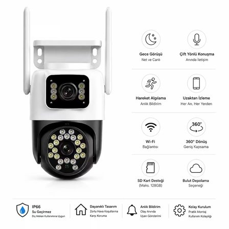 Su Geçirmez Dış Mekan Kamerası Çift Lensli Akıllı WiFi Güvenlik Kamerası 360° PTZ Dönüşlü Gece Görüşlü IP66 