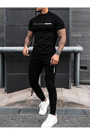 Erkek Siyah Balance Baskılı Şhort Tshirt Takım