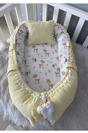 Babynest Sarı Waffle Pike Kumaş Ceylan Tasarım Ponponlu Lüx Jaju-babynest