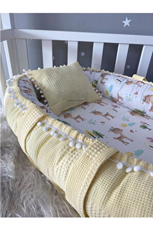 Babynest Sarı Waffle Pike Kumaş Ceylan Tasarım Ponponlu Lüx Jaju-babynest