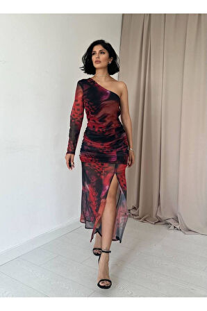 Tek omuzlu yırtmaç detaylı şifon bordo elbise