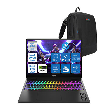 Hp Omen Max 16-AH0010NT Intel Core Ultra 9 275HX 80GB Ddr5 1tb SSD 16GB Nvıdıa RTX5080 16 Inç 2k Wqxga 240Hz 3ms IPS Freedos Siyah OB92QREAF17 + Zetta Çanta