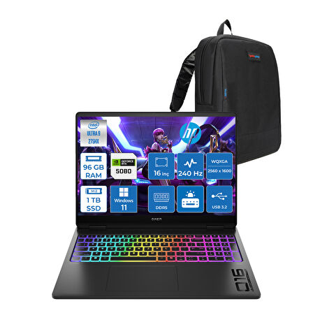 Hp Omen Max 16-AH0010NT Intel Core Ultra 9 275HX 96GB Ddr5 1tb SSD 16GB Nvıdıa RTX5080 16 Inç 2k Wqxga 240Hz 3ms IPS Windows 11 Pro Siyah OB92QREAP21 + Zetta Çanta