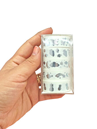 Gümüş Yaldızlı Vintage Washi Tape Bant Yapışkanlı Maskeleme Kağıdı 6 lı - Kelebek Ananas