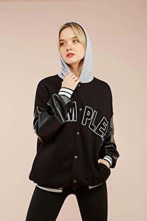 Unisex Siyah Bej Baskılı Kolej Ceket