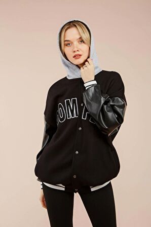 Unisex Siyah Bej Baskılı Kolej Ceket