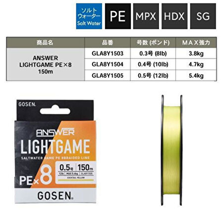 Gosen Answer Light Game PEx8 Örgü LRF İpi Coctail Yellow-150 MT-PE 0.5