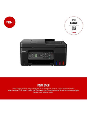(OUTLET) Canon PIXMA G4470 Çok Fonksyonlu Renkli Mürekkep Tanklı Yazıcı/ Fotokopi + Tarama + Faks/ Wifi/ Airprint (Canon Eurasia Garantili)