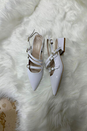 Günlük Kadın Rugan Sivri Burun Ayarlanabilir Kemerli Baretli Kısa Blok Topuklu Ayakkabı 455 - 54