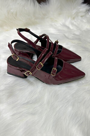 Günlük Kadın Rugan Sivri Burun Ayarlanabilir Kemerli Baretli Kısa Blok Topuklu Ayakkabı 455 - 54