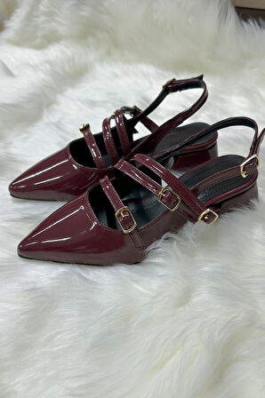 Günlük Kadın Rugan Sivri Burun Ayarlanabilir Kemerli Baretli Kısa Blok Topuklu Ayakkabı 455 - 54