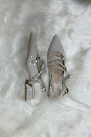 Günlük Kadın Rugan Sivri Burun Ayarlanabilir Kemerli Baretli Kısa Blok Topuklu Ayakkabı 455 - 54