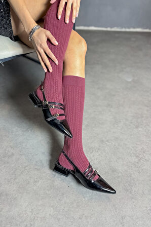 Günlük Kadın Rugan Sivri Burun Ayarlanabilir Kemerli Baretli Kısa Blok Topuklu Ayakkabı 455 - 54