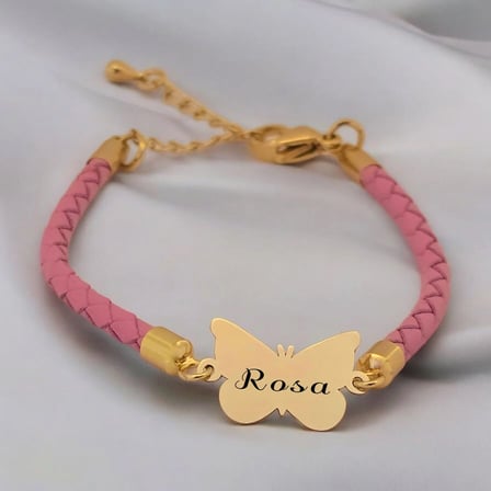 14 Ayar Altın Plakalı Rosa İsmine Özel Kelebek Motifli Doğal Pembe Derili Hediye Bileklik-455