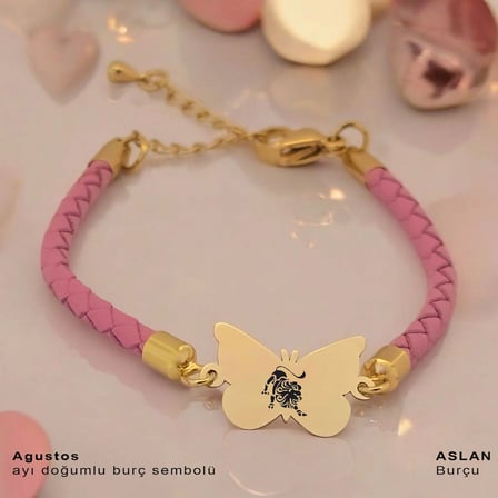 14 Ayar Altın Plakalı Aslan Burçları İçin Kelebek Motifli Doğal Pembe Derili Hediye Bileklik-455