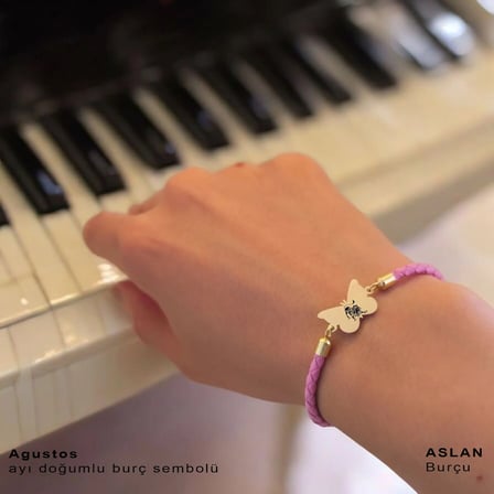 14 Ayar Altın Plakalı Aslan Burçları İçin Kelebek Motifli Doğal Pembe Derili Hediye Bileklik-455